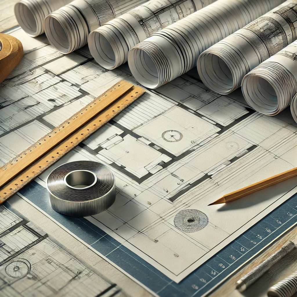 Graphic of architectural millwork paperwork with detailed shop drawings, a scale ruler, and drafting pencil on a clean, organized workspace.